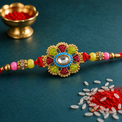 Premium Rakhi with Ornate Floral Medallion and bead line in chain look for Gift Use