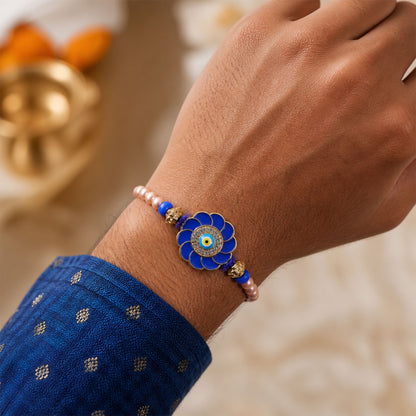 Designer Flower Nazar Evil Eye Crystal Ring Beads Designer Rakhi