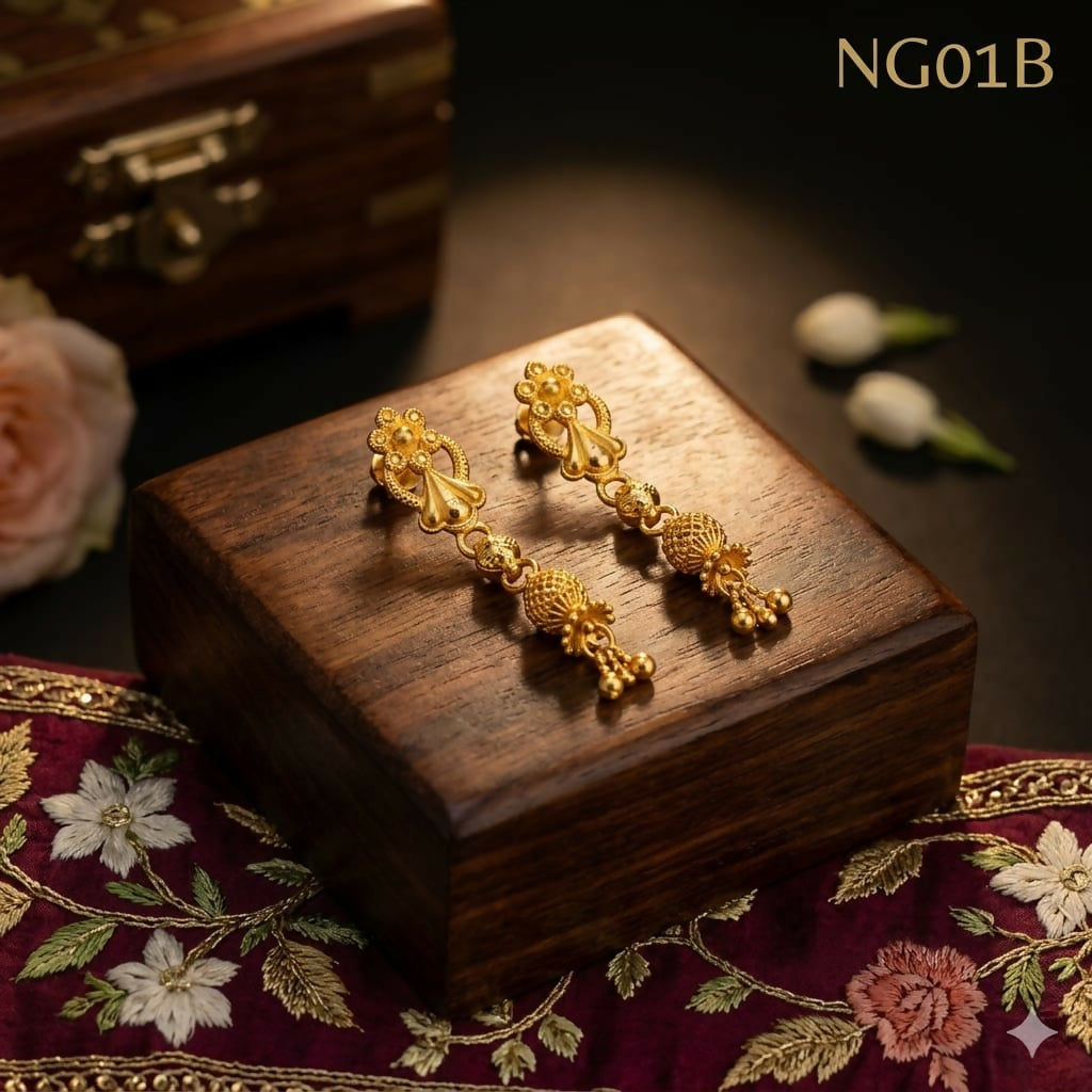 NG01B Artisan Gold Lattice & Bead Drop Earrings for Women