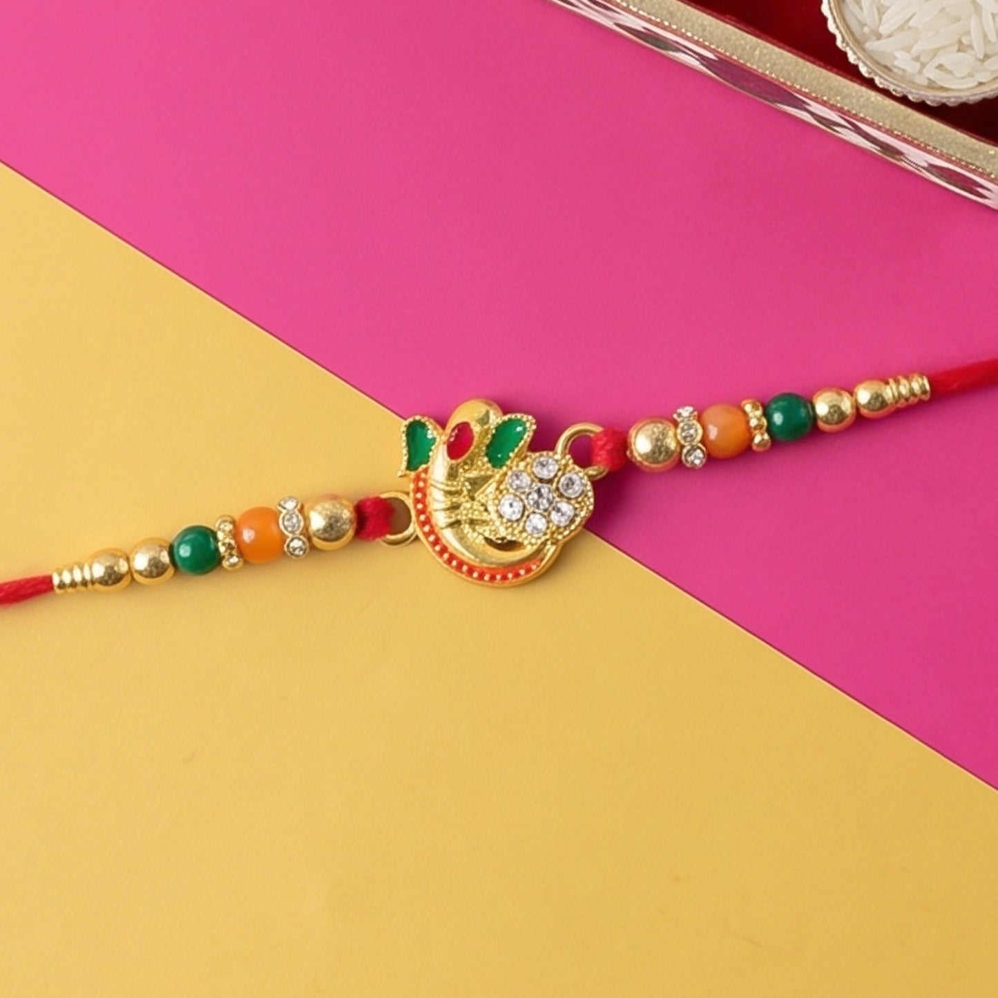 Om Rakhi for Brother Traditional Multicolor Beads on Red Thread (10pcs)
