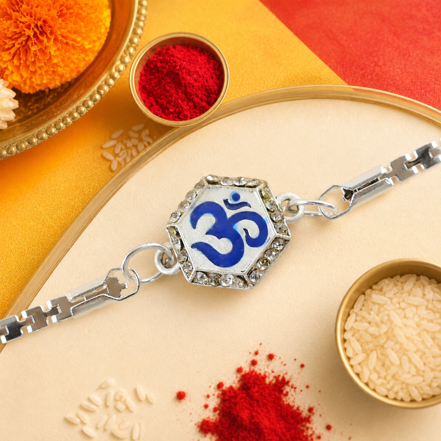 Om Charm Crystal Studded Enamel Silver Chain Designer Rakhi