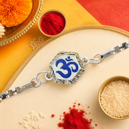Om Charm Crystal Studded Enamel Silver Chain Designer Rakhi