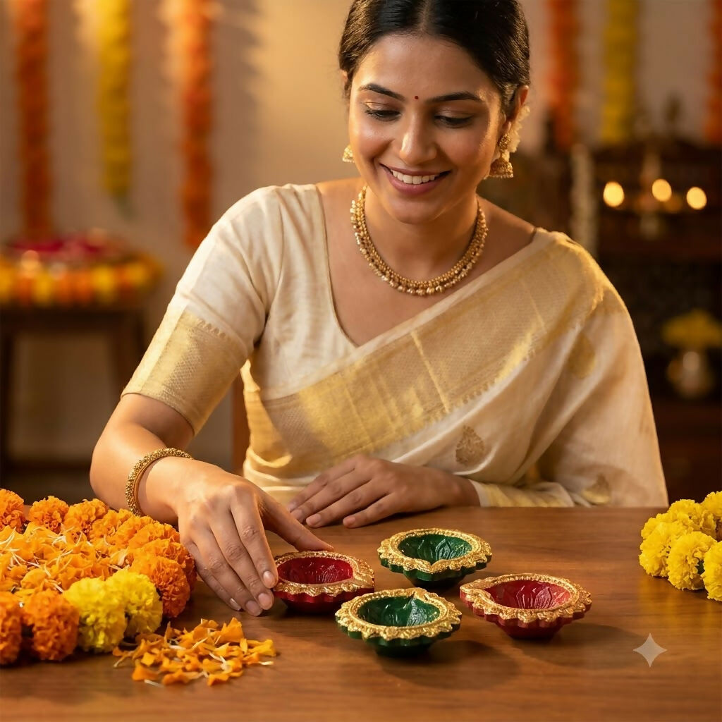 A woman in a cream saree arranges red and green diyas on a wooden table with marigold flowers.