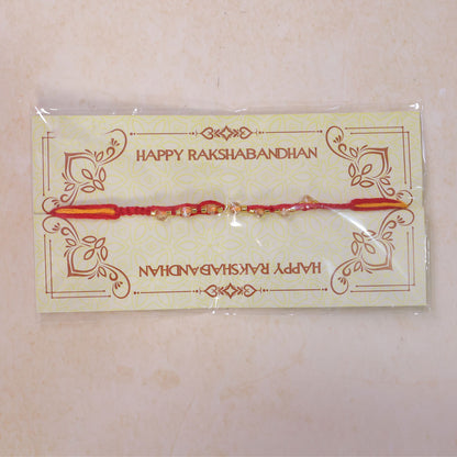 Red Braided Rakhi with Crystal Bead Pendant and Golden Accents