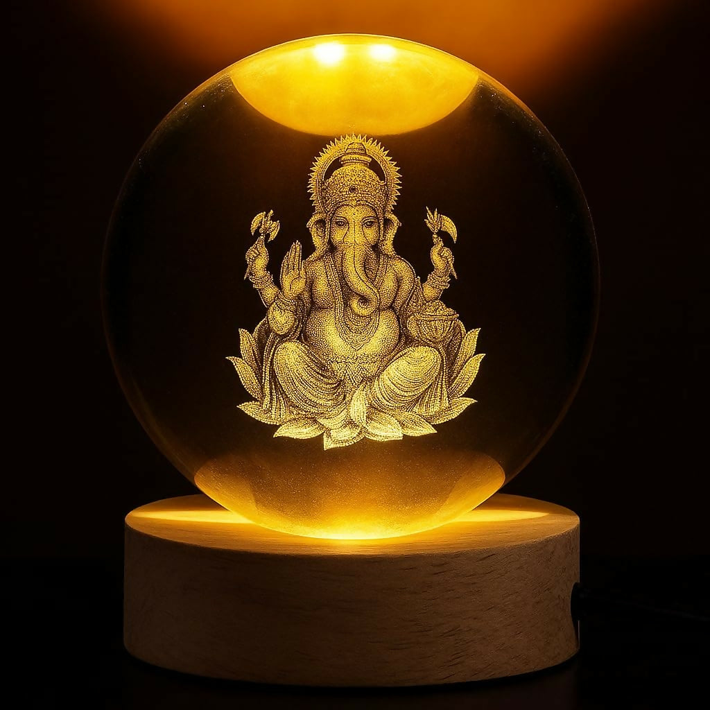 3D Ganesha LED lamp showcasing wooden base and crystal ball