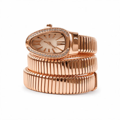Rose Gold Oval Snake Style Bracelet Watch with Crystal Dial Border Design
