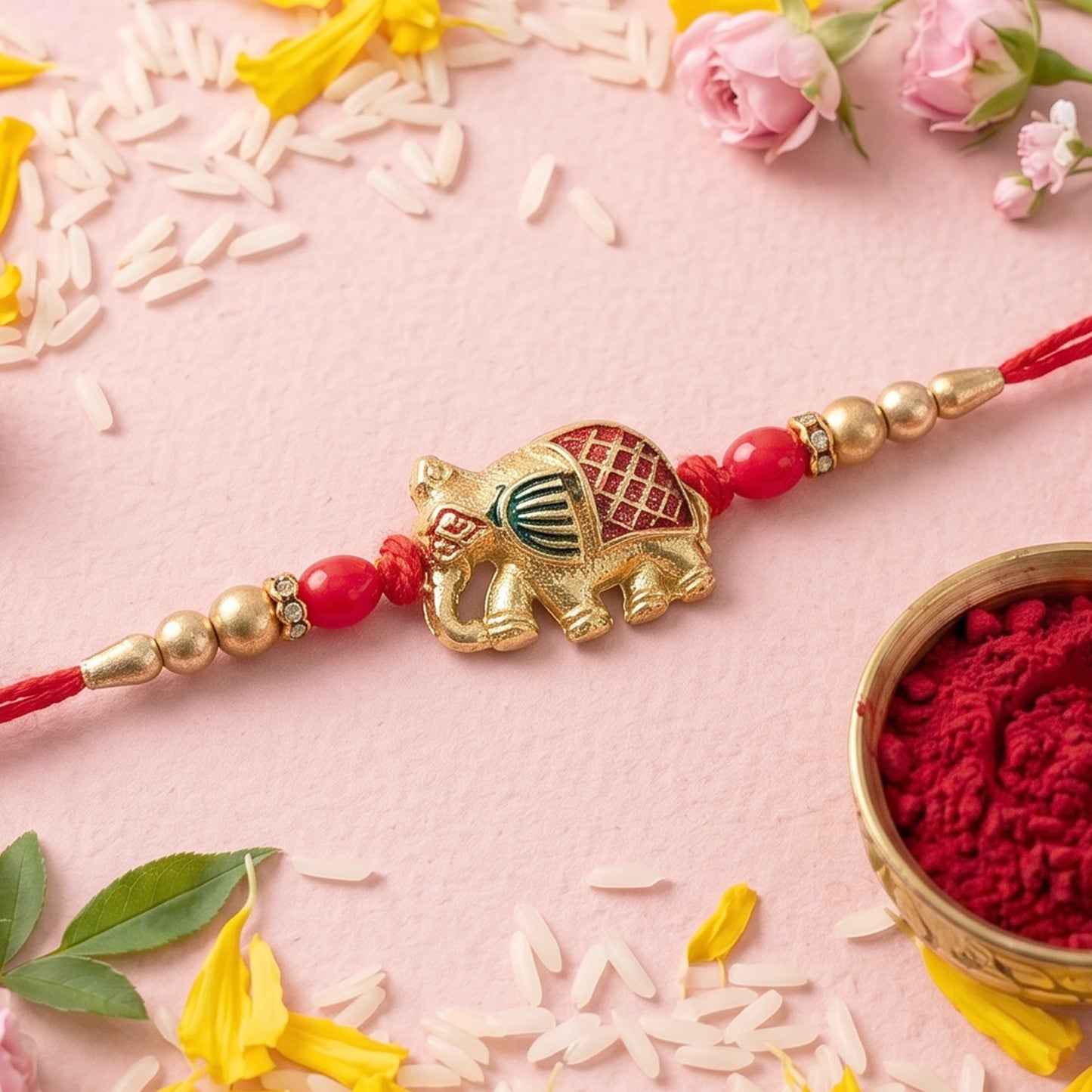 Gold Elephant Rakhi with Red Beads and Pearl Side Detailing
