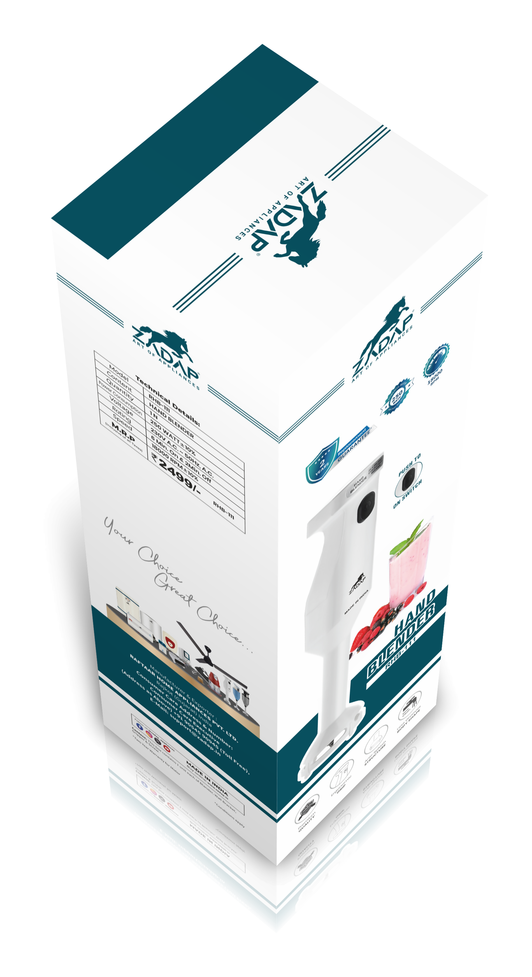 ZADAP 250W Hand Blender 18000RPM Steel Blade