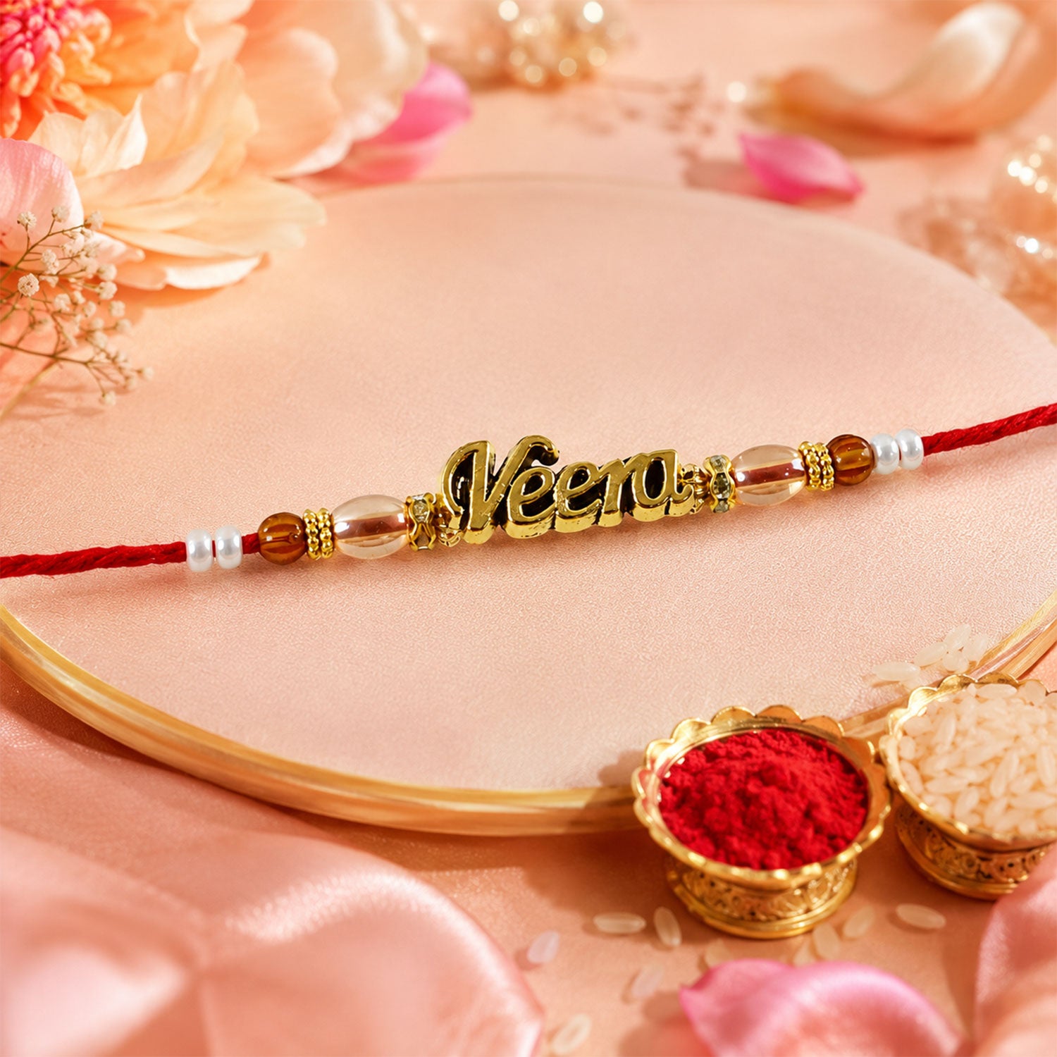 Veera Name Golden Rakhi with White Brown Beads, Red Thread and Premium Finish