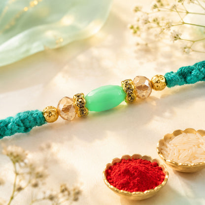 Turquoise Macrame Bracelet Rakhi with Mint Beads, Pearl Accents and Modern Thread