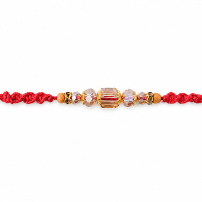 Red Thread Rakhi with Champagne Crystal Beads and Golden Accents