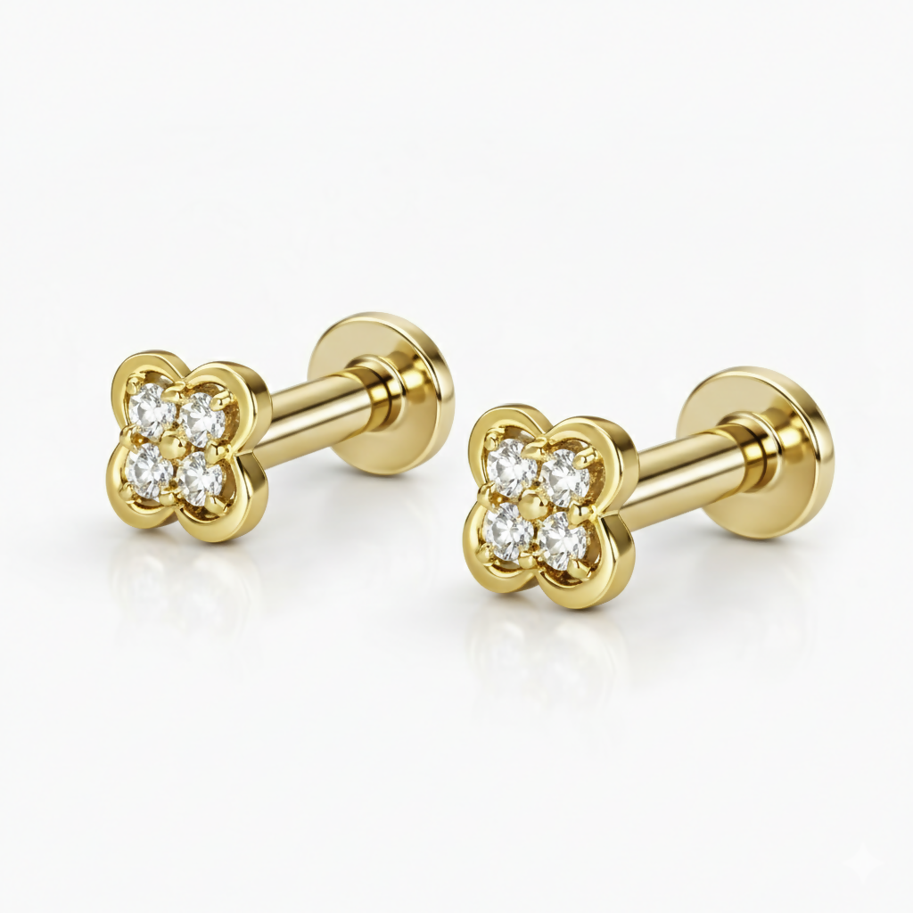Side view showing flat back gold plated clover diamond stud earring