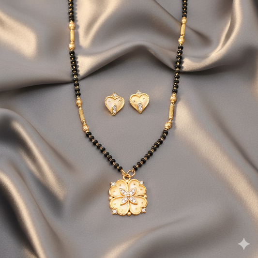 Gold Plated AD Heart Stud Earrings & Floral Mangalsutra Set for women