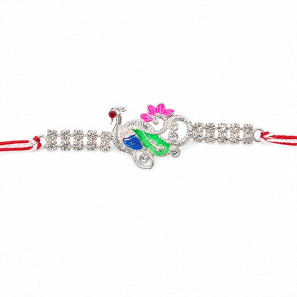 Classic Rakhi with Peacock Swirl Charm, crystal sparkle and thread look for Gifting
