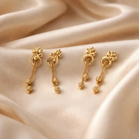 Elegant Gold-Toned Floral Drop Earrings Set with Chain Danglers & Beads (2 Pair)