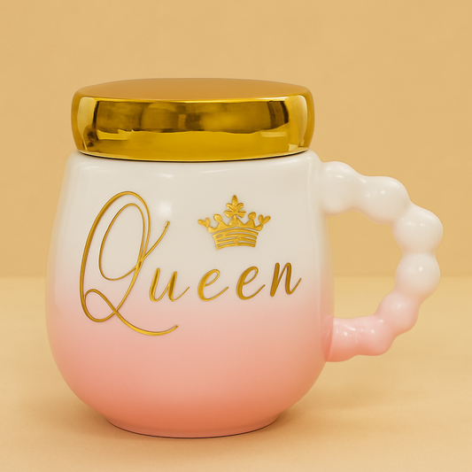 Premium Queen Ceramic Coffee Mug with Golden Lid – Elegant Pink and White Gradient Cup with Pearl Handle – Luxury Glossy Finish Mug for Tea, Coffee & Gifting