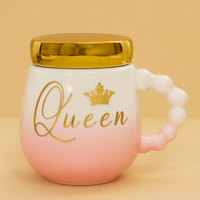 Premium Queen Ceramic Coffee Mug with Golden Lid – Elegant Pink and White Gradient Cup with Pearl Handle – Luxury Glossy Finish Mug for Tea, Coffee & Gifting