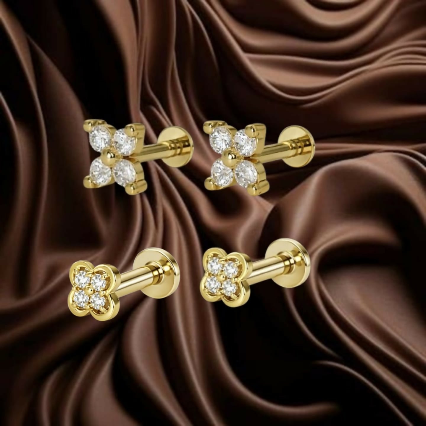 Gold clover flat back stud earrings set showing four-petal design with crystals.
