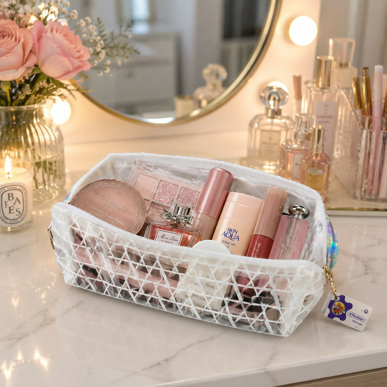 Compact zipper pouch organizer for makeup and stationery
