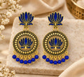 Royal Blue Lotus Meenakari Drop Earrings | Antique Golden-Plated Chandbali Earrings