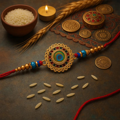 Circular Peacock Eye Meenakari Rakhi with Choco Magic, Pack of 3