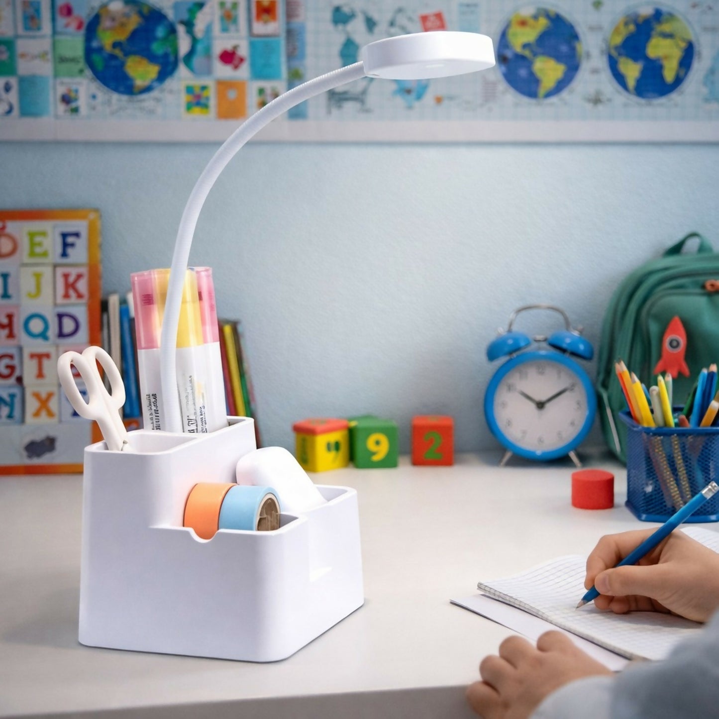 LED Study Desk Lamp with pen stand and adjustable arm on desk