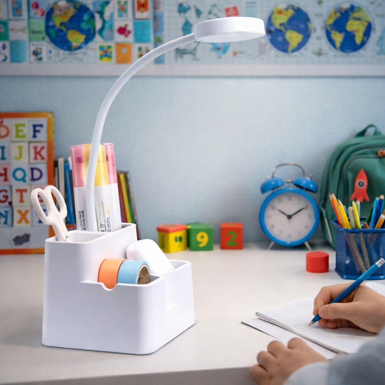 LED Study Desk Lamp with pen stand and adjustable arm on desk