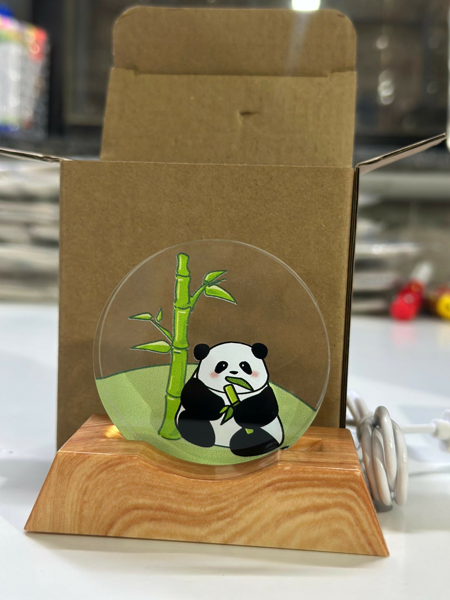 Panda Acrylic LED Night Lamp with Wooden Base USB Powered Decorative Light