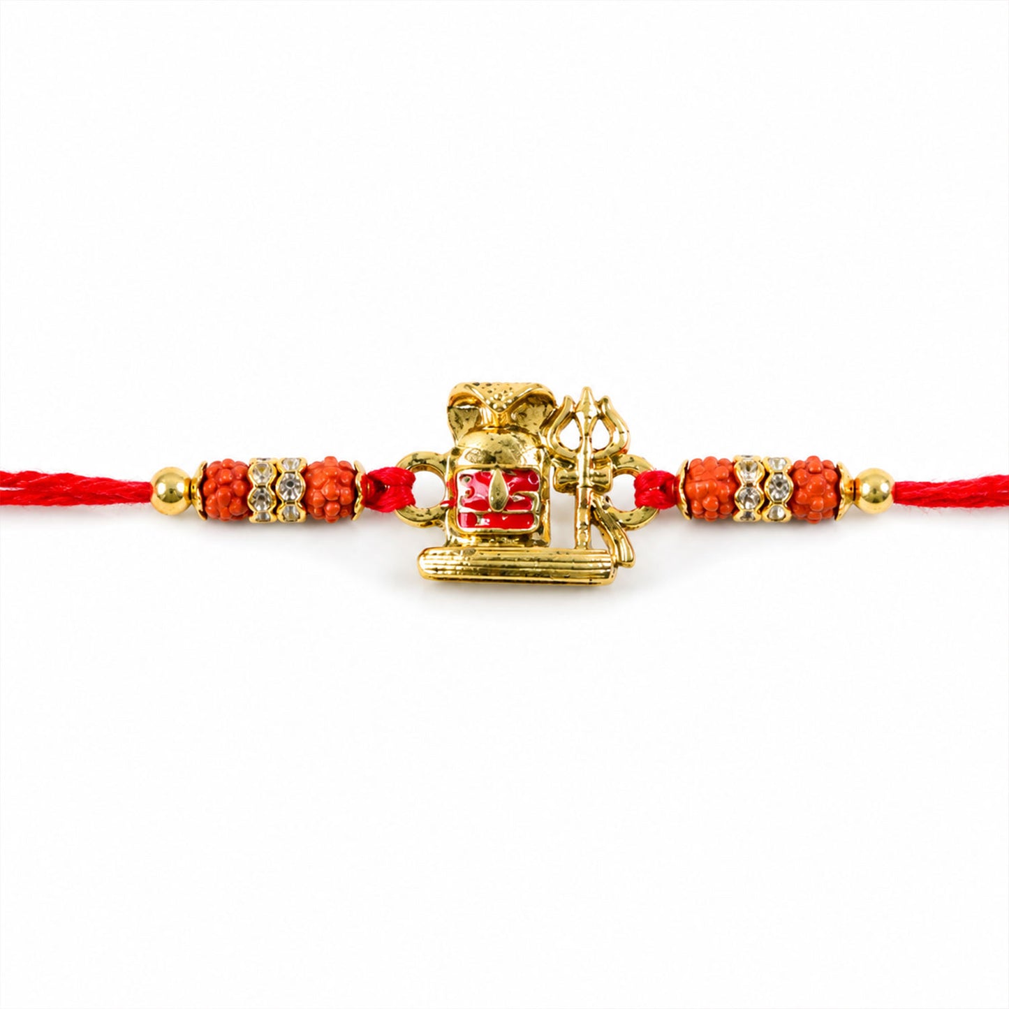 Shivling Trishul Devotional Rakhi with Golden Lord Shiva Centre and Orange Beads
