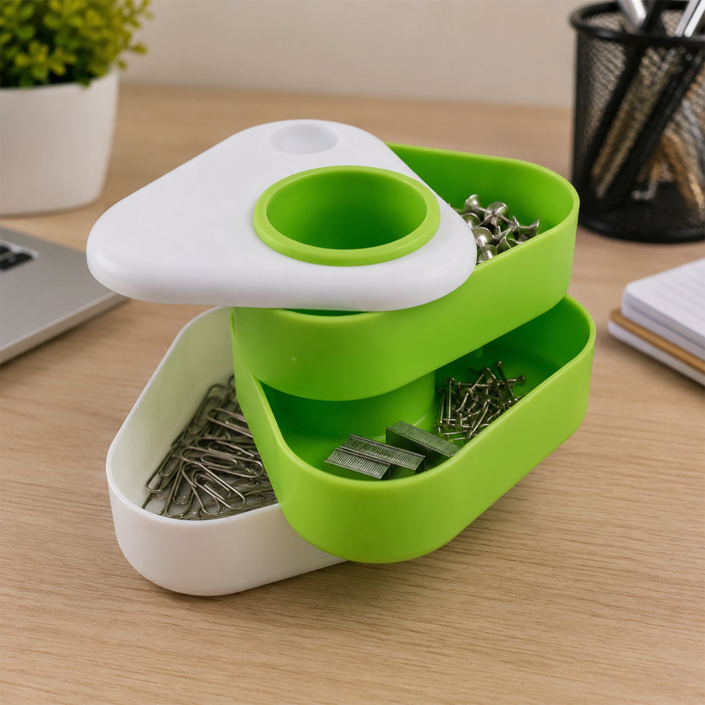 Triangle Rotating Desk Organizer with Pen Holder & Storage Trays for Office & Study