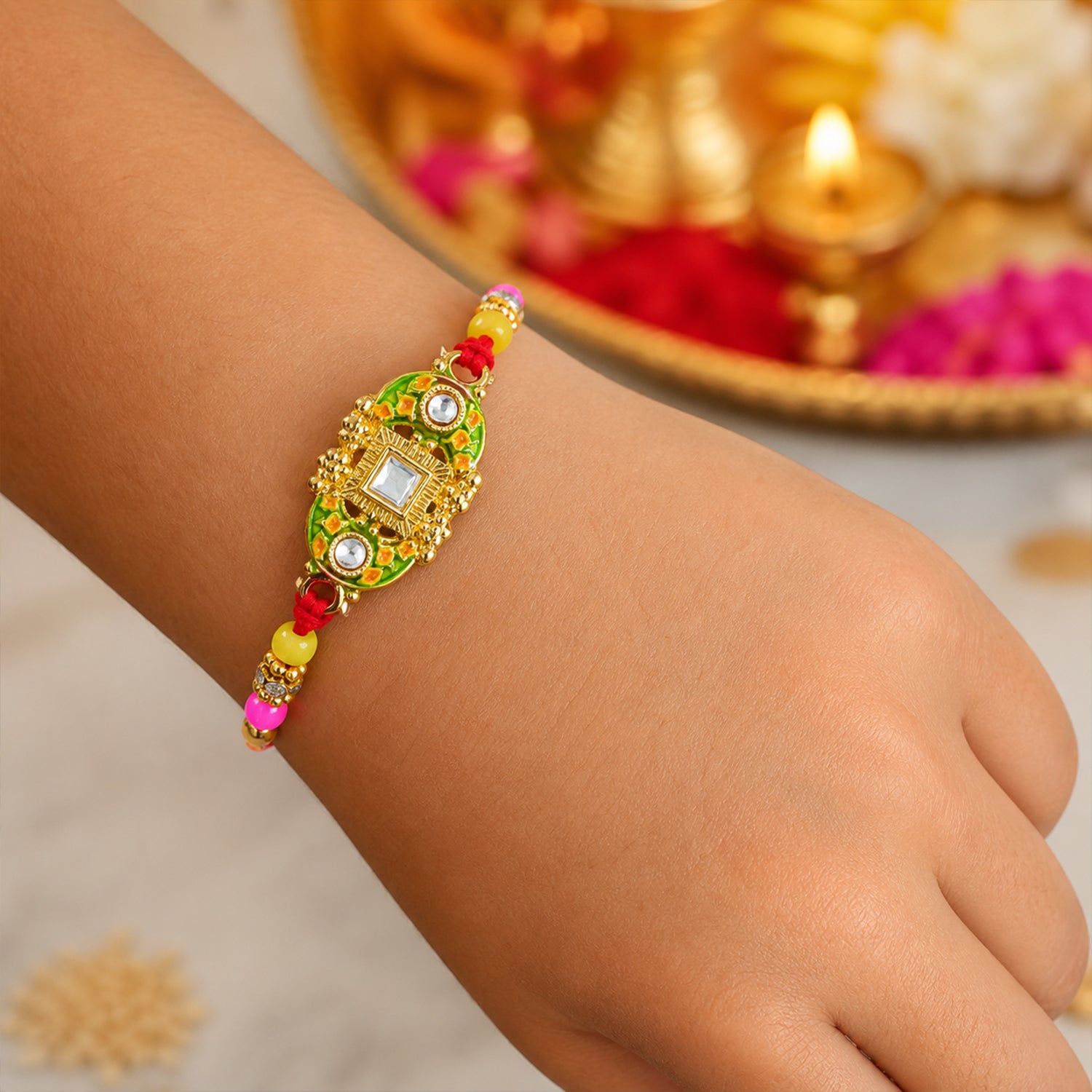 Elegant Rakhi with Square Red Gem Charm and gift finish in ornate look for Gift Use