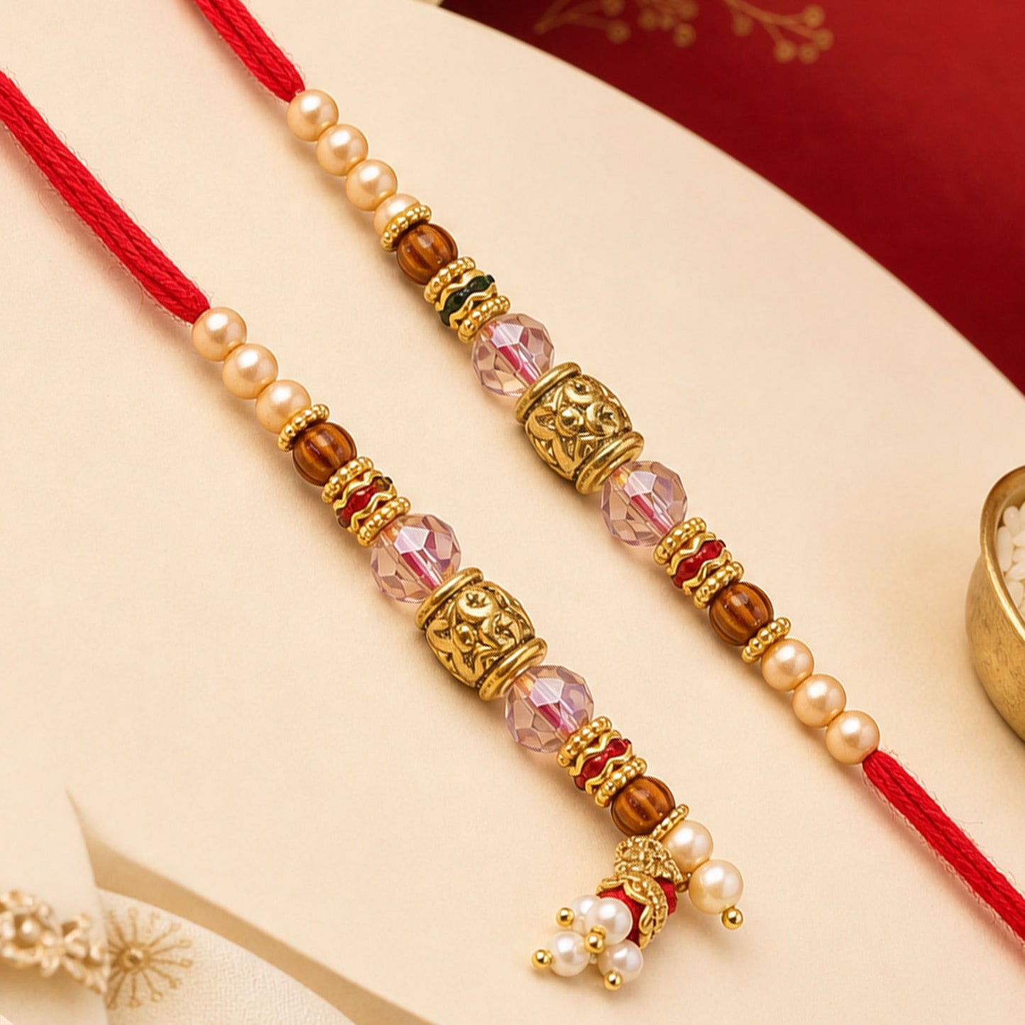Antique Filigree Cube Charm Bhai Bhabhi Rakhi with Crystal Beads and Pearl Drops