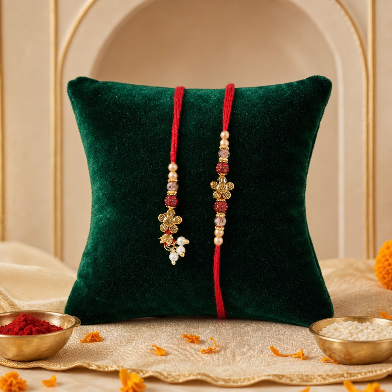 Classic Floral Motif Design Bhai Bhabhi Rakhi with Floral Rakhi and Tassel for Gift
