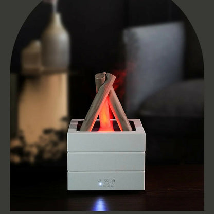 White Campfire Flame Aroma Diffuser 280ml with Simulated Fire & Timer Modes