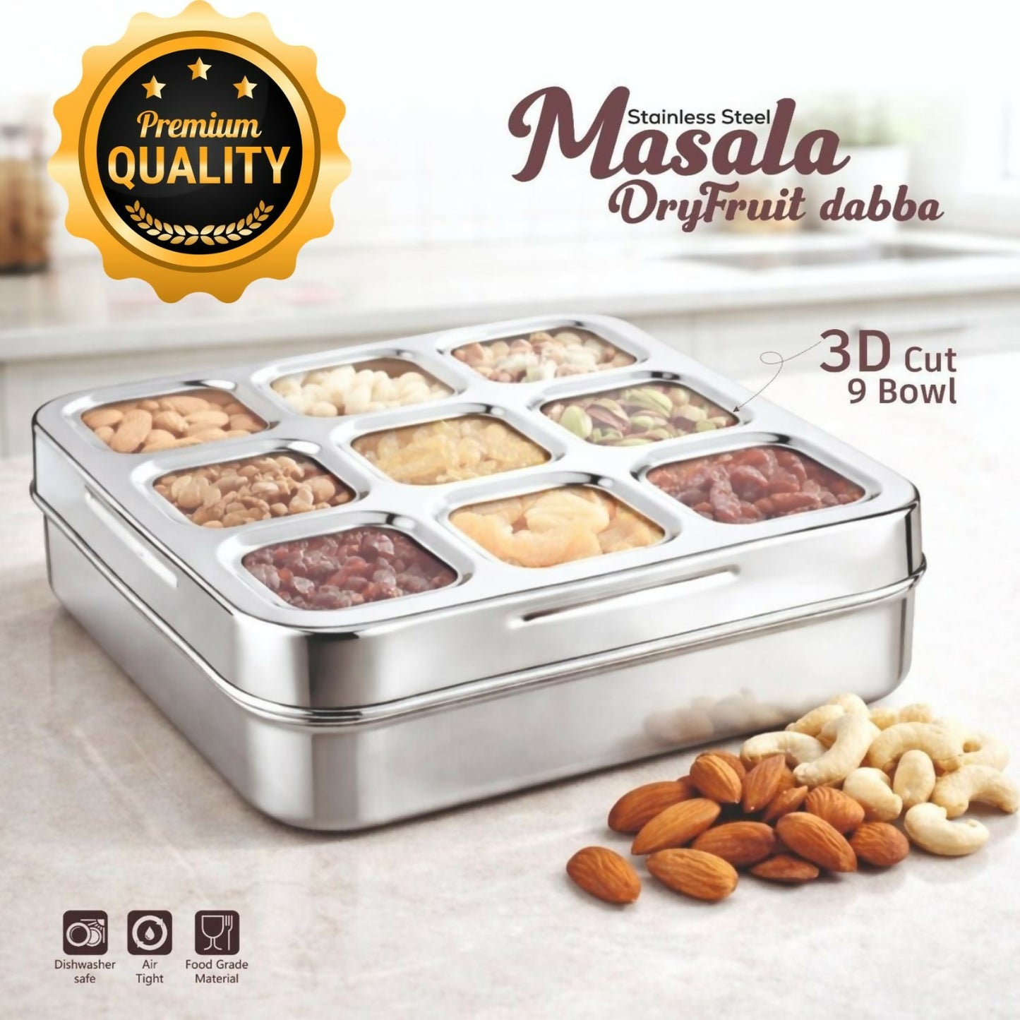 Premium stainless steel masala and dry fruit storage dabba with 9 compartments