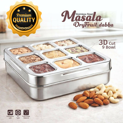 Premium stainless steel masala and dry fruit storage dabba with 9 compartments