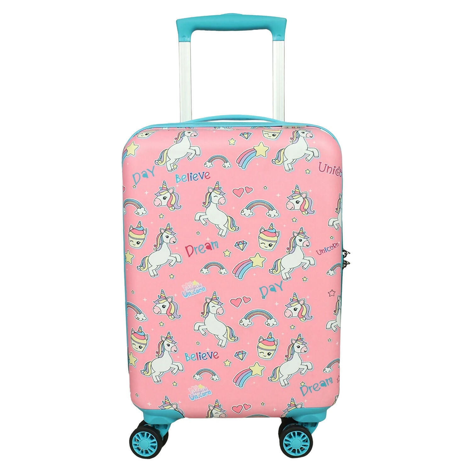 Handle and zipper details of Novex Unicorn Pink Kids trolley bag