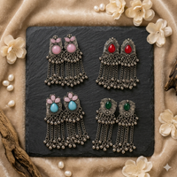 Oxidized Silver Long Tassel Earrings for Women | Vintage Tribal Stone Dangle Pack Of 4