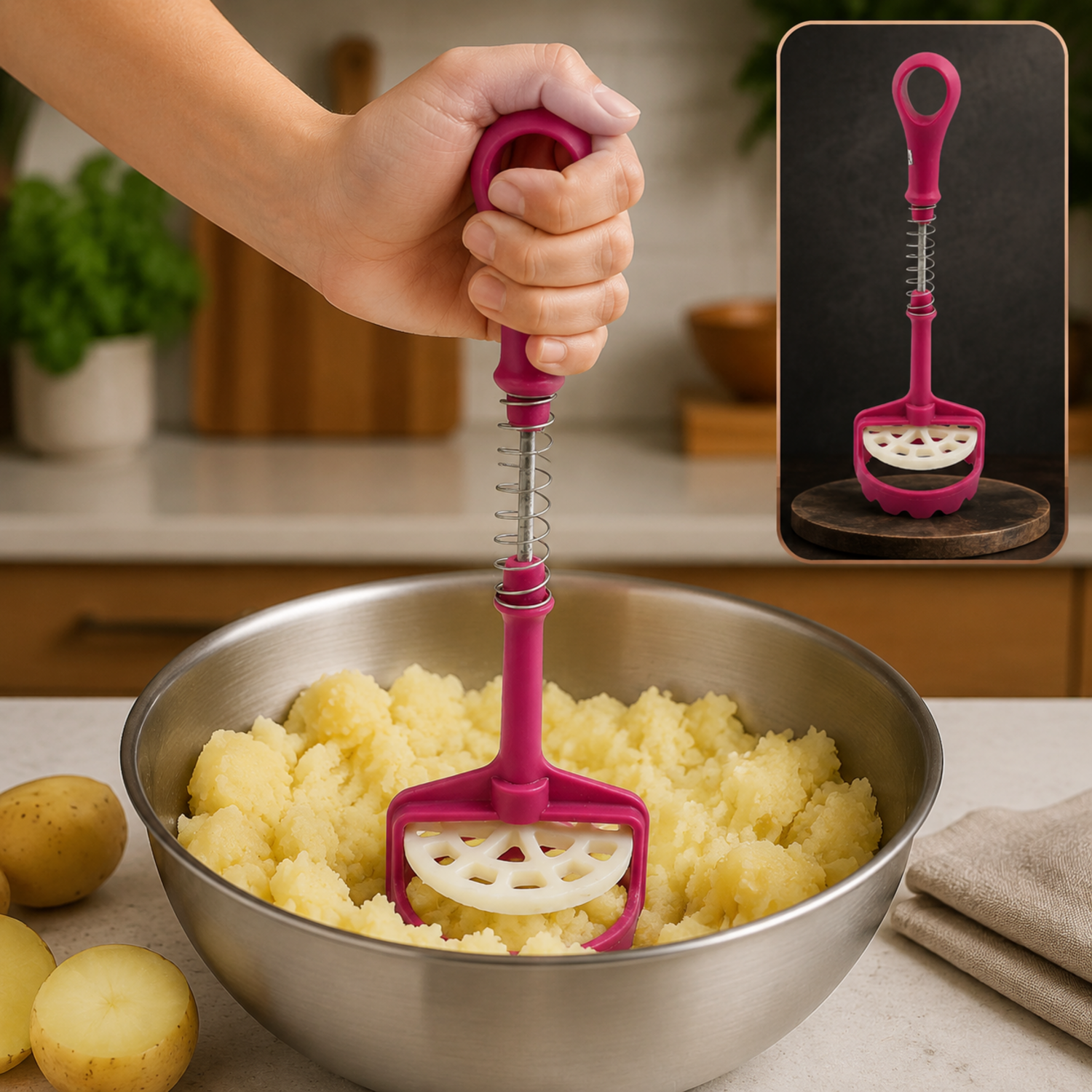 A hand mashing potatoes in a silver bowl with a pink and white plastic potato masher.