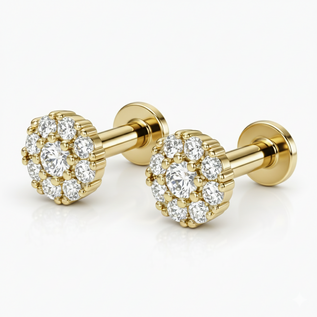 Combo pack of two gold plated nose studs with floral cluster cubic zirconia stones