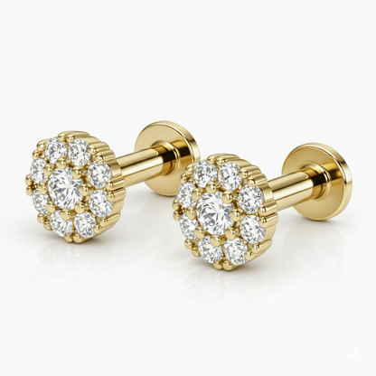 Combo pack of two gold plated nose studs with floral cluster cubic zirconia stones