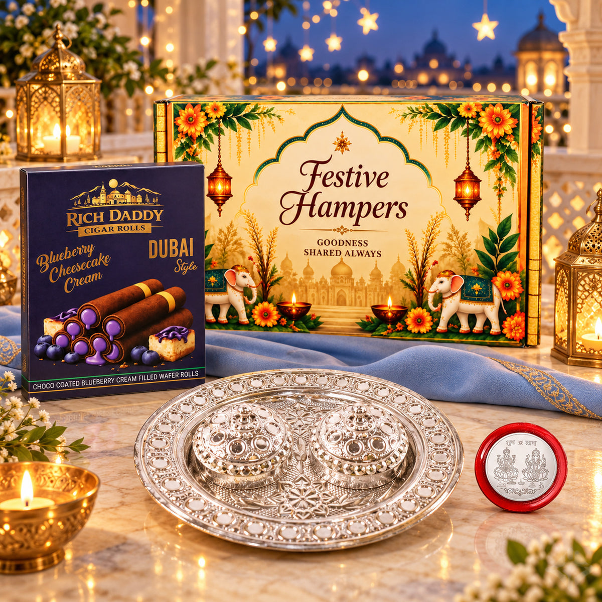 Small Round Kumkum Dish & Blueberry Cheesecake Wafer Rolls Festive Gift Hamper