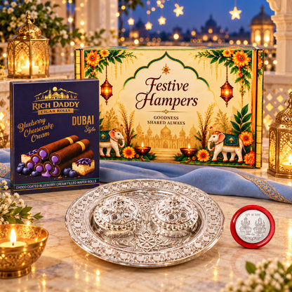 Small Round Kumkum Dish & Blueberry Cheesecake Wafer Rolls Festive Gift Hamper