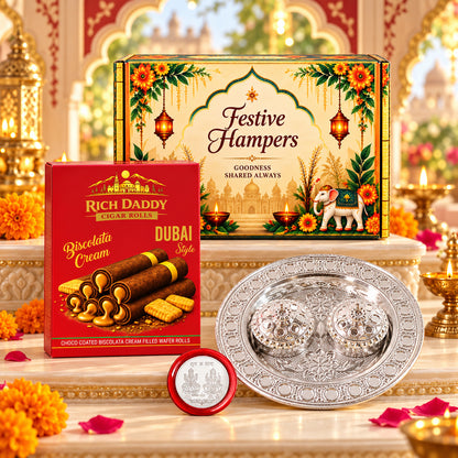 Small Round Kumkum Dish & Biscolata Wafer Rolls Festive Gift Hamper