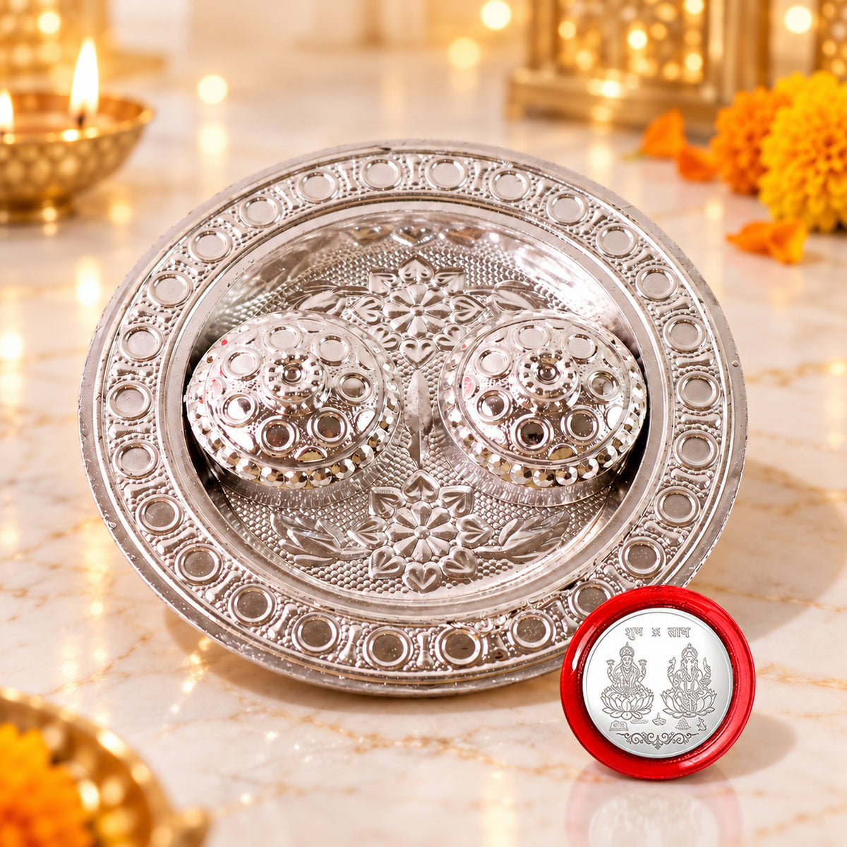 Small Round Kumkum Dish & Hazelnut Wafer Rolls Festive Gift Hamper