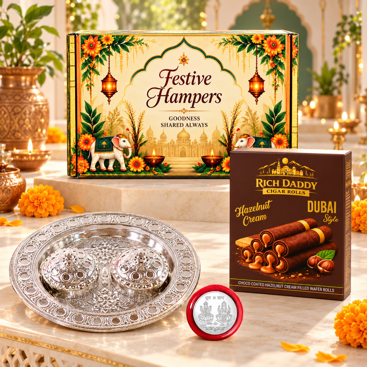 Small Round Kumkum Dish & Hazelnut Wafer Rolls Festive Gift Hamper