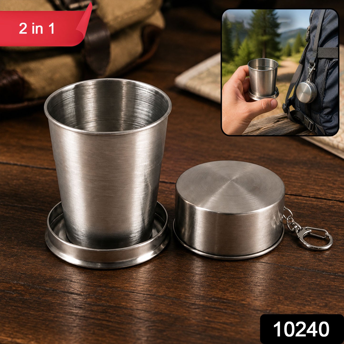 Folding Camping Cup – Stainless Steel Portable with Keychain | hydrozilla