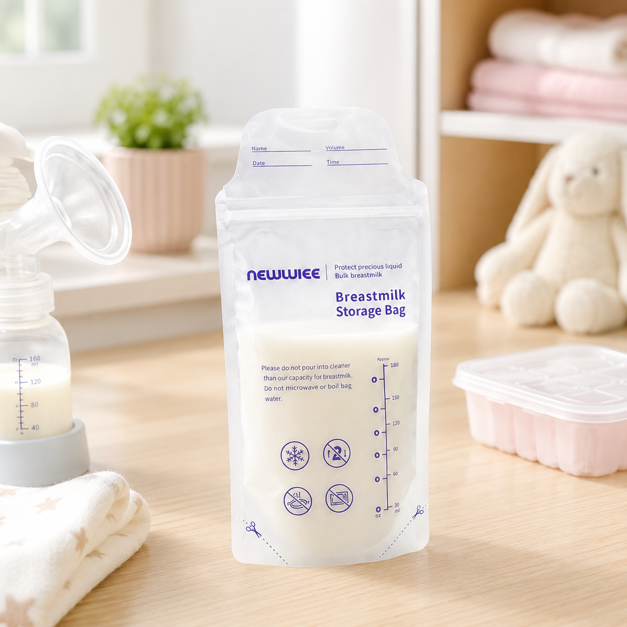 A clear breastmilk storage bag filled with milk stands next to a breast pump and baby items.