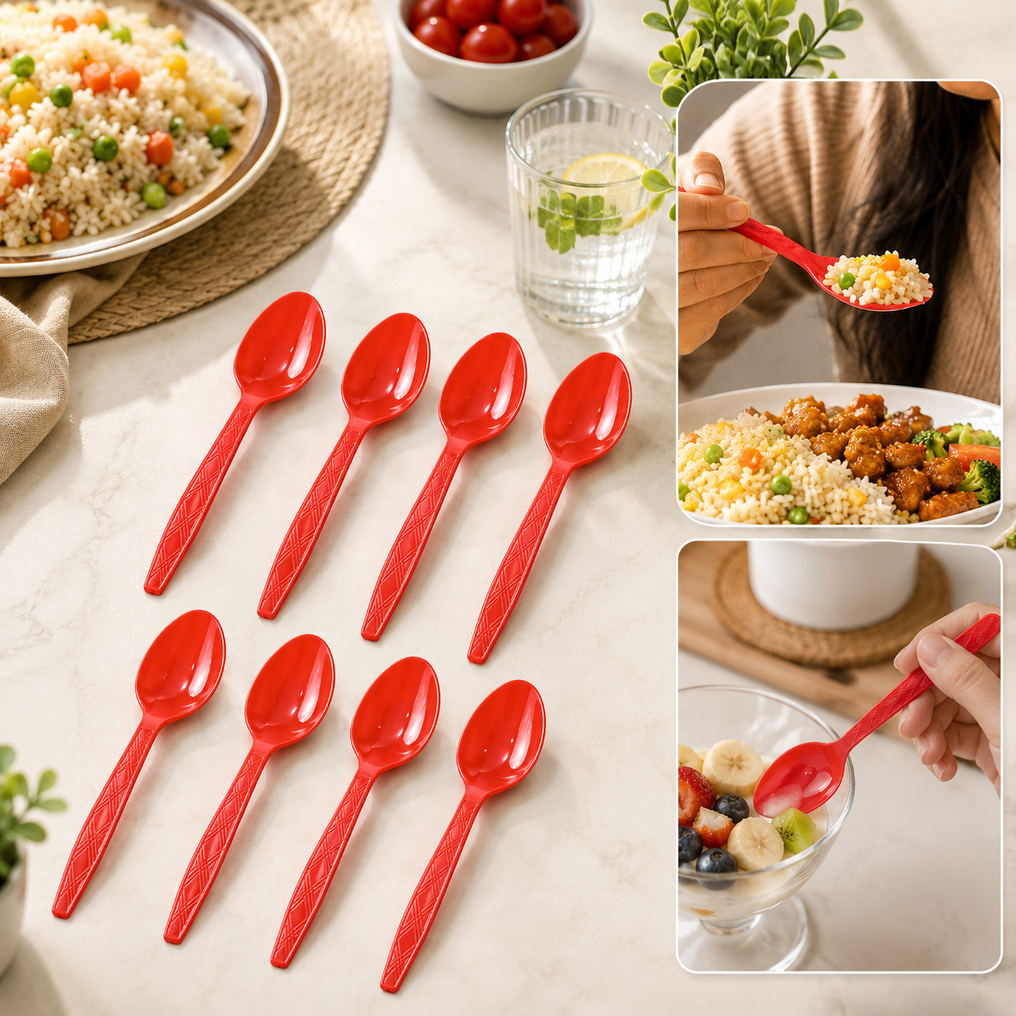 Eight red plastic spoons arranged on a white marble table with food and drinks in the background.