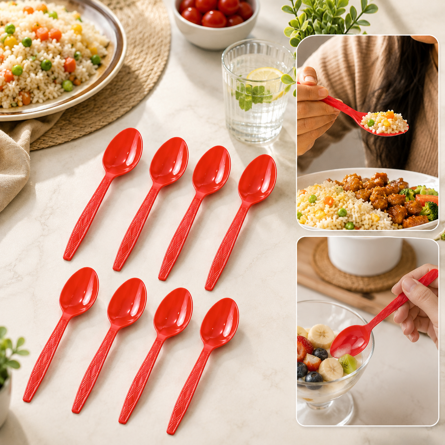 Eight red plastic spoons arranged on a white marble table with food and drinks in the background.